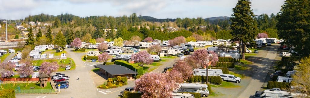 RV park with rows of RVs, trees, and distant mountain scenery.