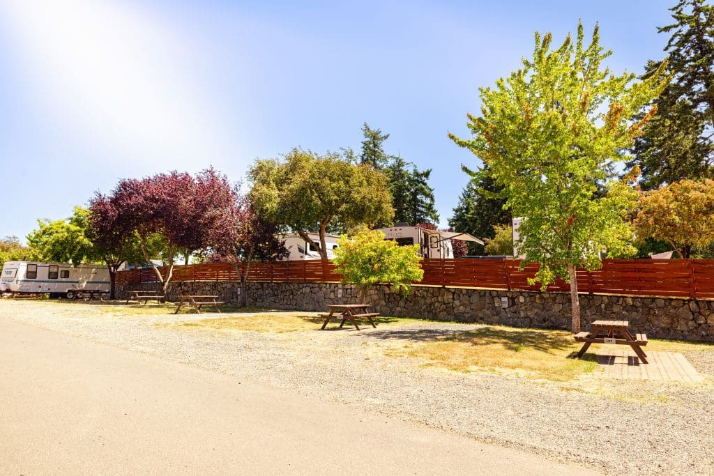 Paved road inside Fort Victoria RV Campground lined with colorful trees and RV spaces