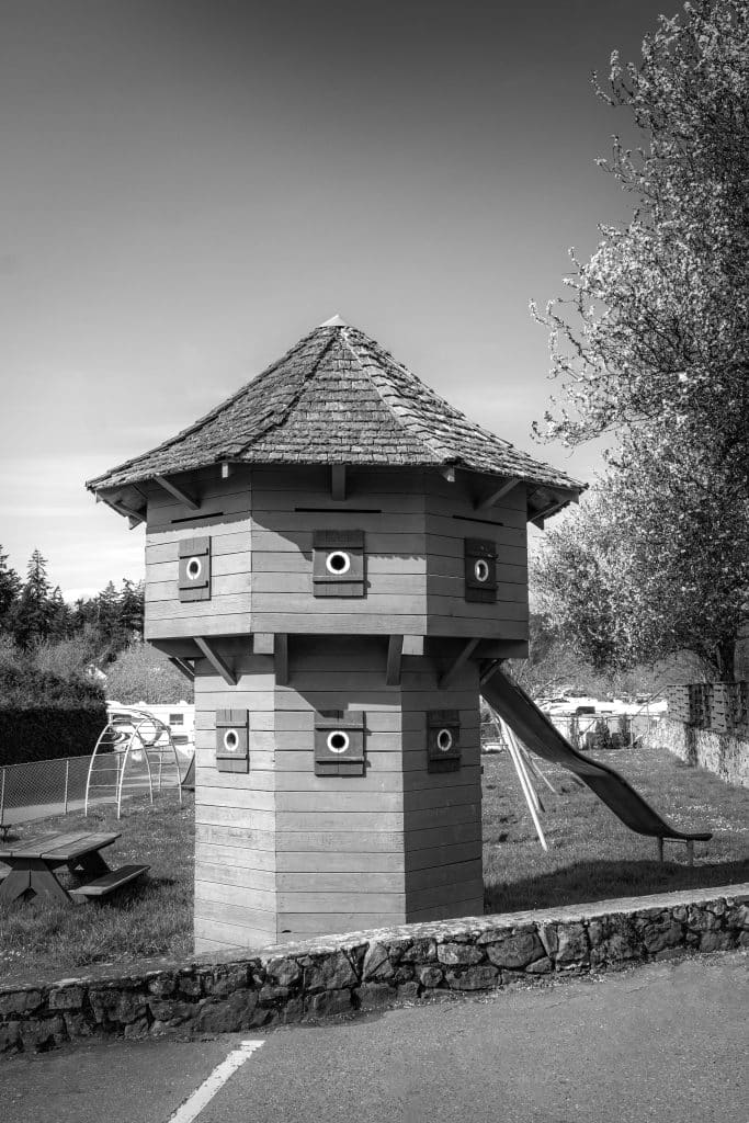 Black and white close-up of the blockhouse tower at Fort Victoria RV Park.