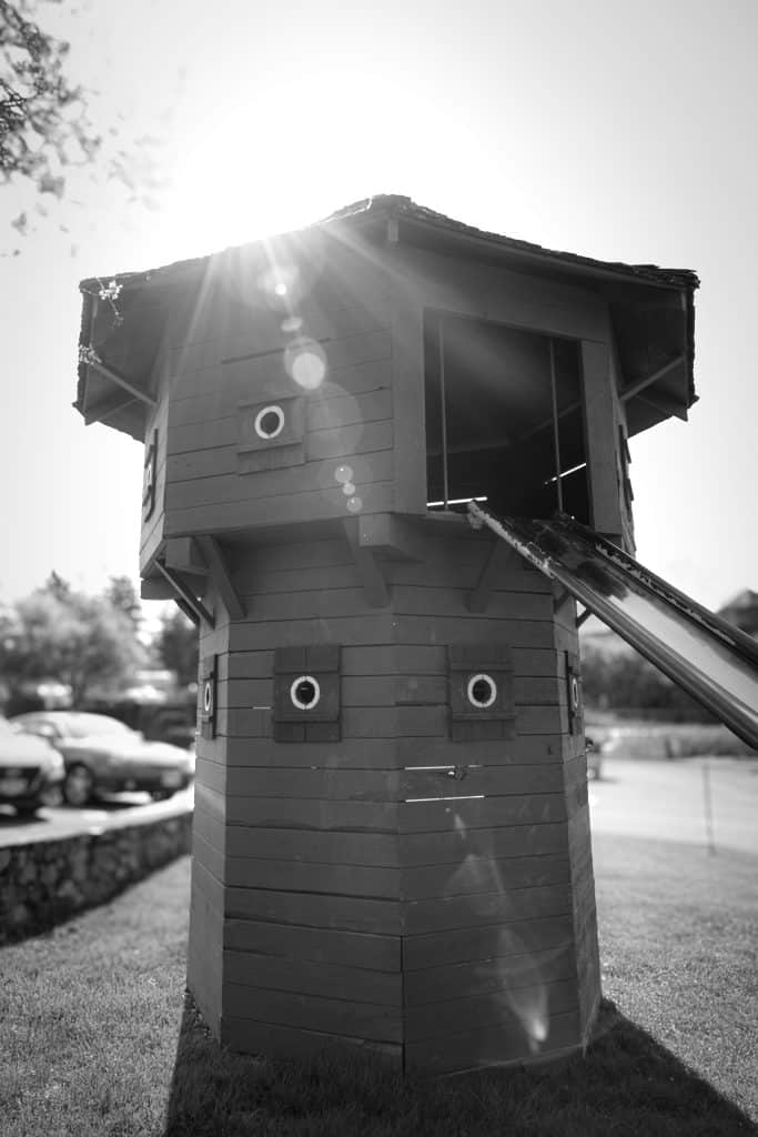 Black and white photo of the historic blockhouse tower at Fort Victoria RV Park.