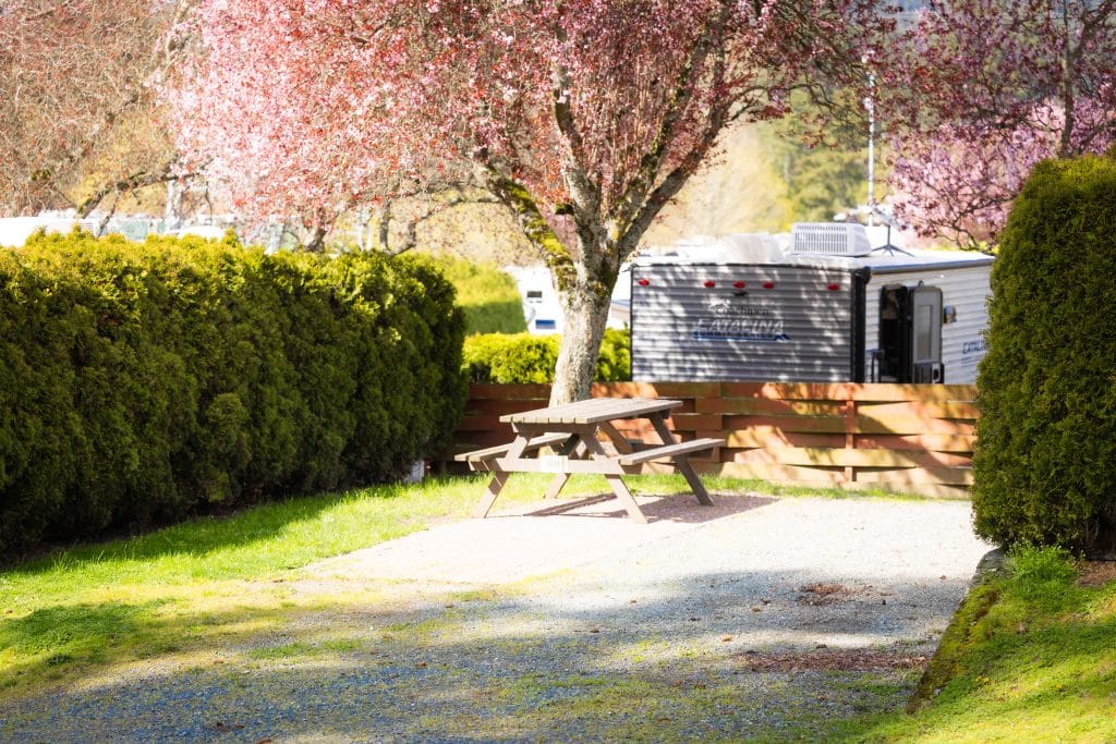 Picnic tables and RV camping area at Fort Victoria RV Park
