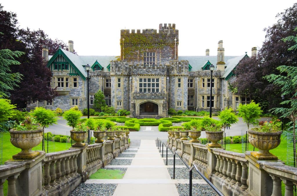 Hatley Castle surrounded by gardens in Victoria, BC.